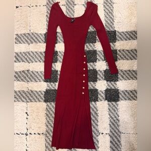 Windsor Long-Sleeve Ribbed Maxi Dress - Burgundy with Gold Buttons